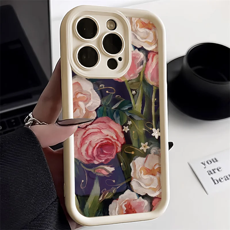 아이폰 17, 18 Pro Max, 15, 13, 16, 11, 14, 12 Pro Max, 16e, XR, 7 Plus, SE 모델용 귀여운 꽃 디자인의 부드러운 무광택 충격 방지 실리콘 케이스