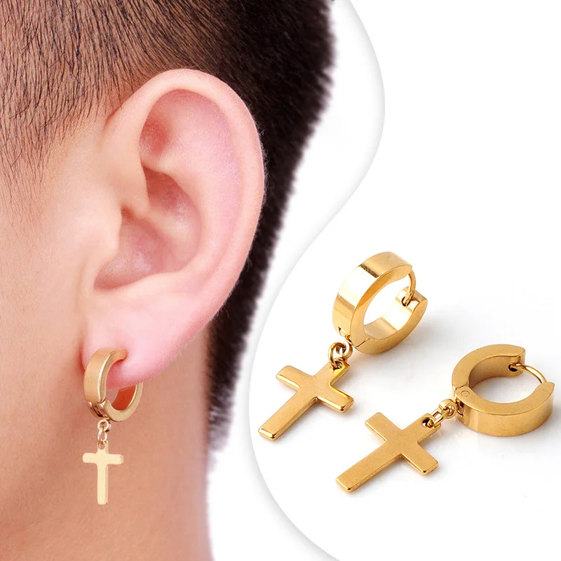 1 Pairs of Cross Earrings Dangle Hinged Men Earrings Stainless Steel Cross hoop Earrings for Men and Women