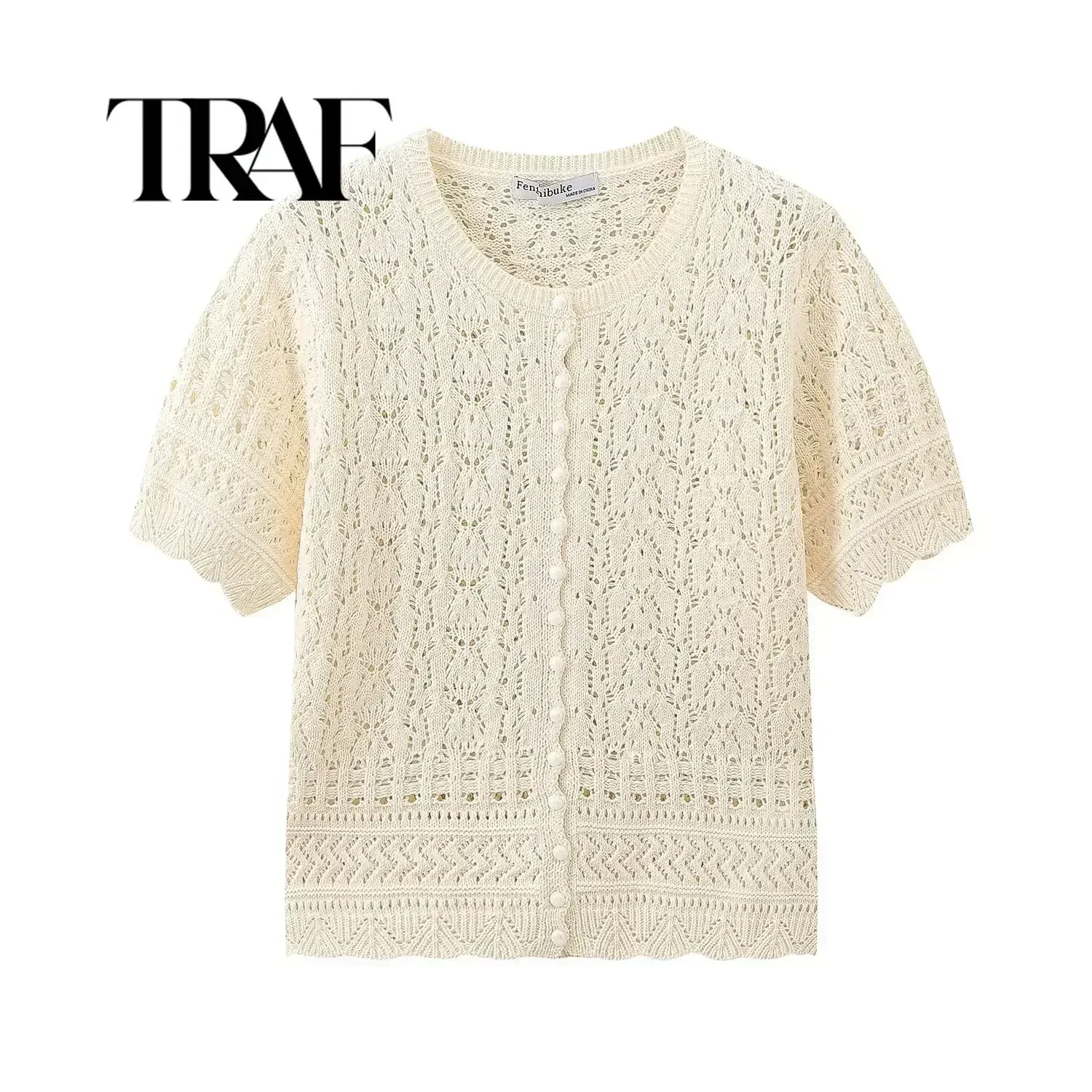 TRAF Women Summer Elegant Short-Sleeved Pearl-breasted Decoration Knitted Cardigan Jacket Women\'s O-neck Hollow Jacket 9598/123