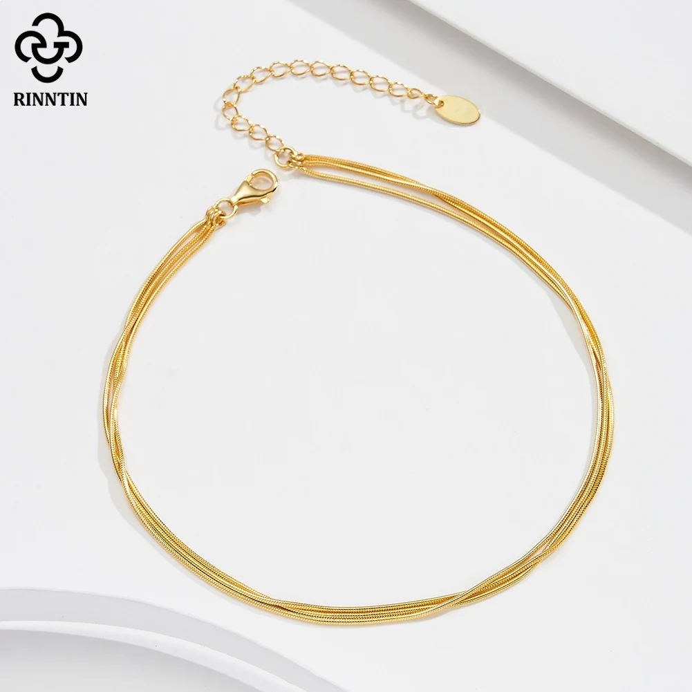 Rinntin Genuine 925 Sterling Silver Layers Round Snake Chain Anklet for Women Summer Punk Silver Ankle Jewelry SA76