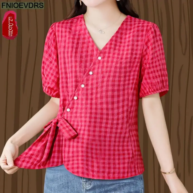 

Plaid Shirts New Fashion 2025 Summer Women Short Sleeve Casual Lattice Print V Neck Retro Red Blue Lace-Up Bow Tie Tops Blouses