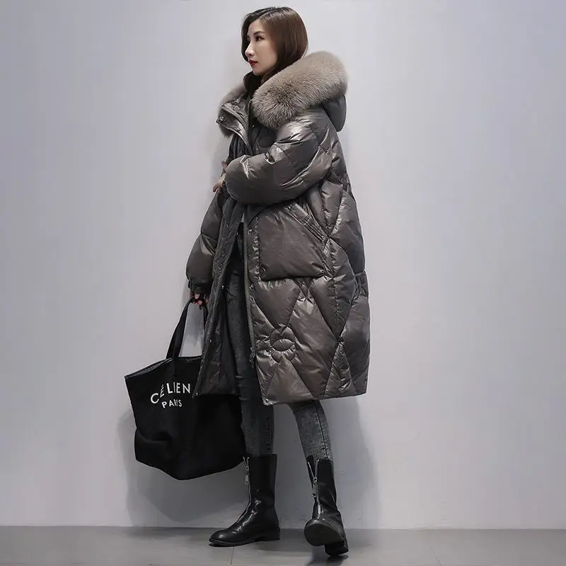 Parka da donna piumino invernale imbottito moda di media lunghezza sciolto addensato con cappuccio caldo grande collo di pelliccia cappotto