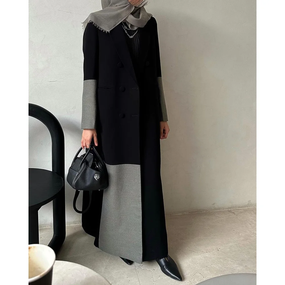 Costume de Luxe Noir à Double Boutonnage pour Femme, Veste Longue à Revers Patricia, Blazer Abaya, Tenue de ixMusulmane, 1 Pièce, 2024