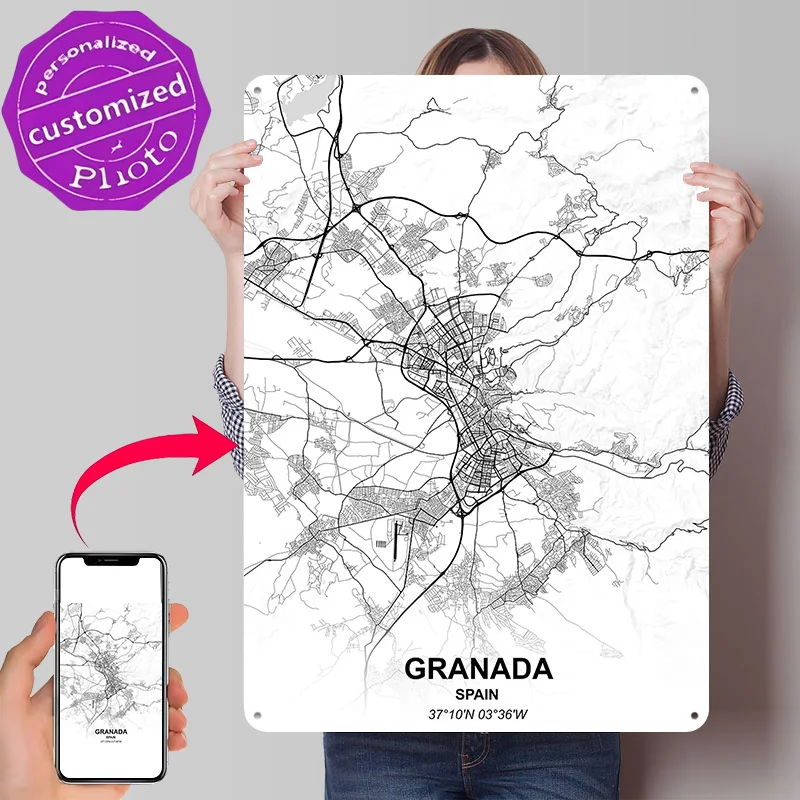 Granada Spain 3D Printed Texture Poster Personalized Wall Art Retro Metal Tin Signs for Modern Home Decoration Luxury Wand Deko