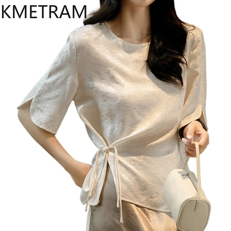 

KMETRAM 100% Real Mulberry Silk Women T Shirts Elegant Pearl White T Shirt Jacquard Summer Tops for Woman Clothing 2026 футболка