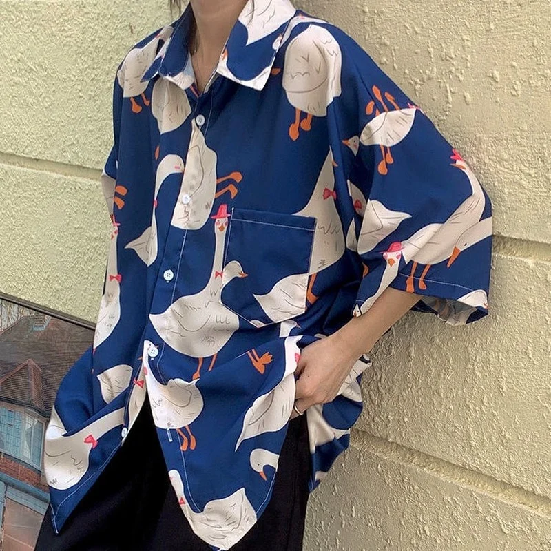 New Harajuku Japan Comics Anime Button Up Shirt Oversized Summer Hawaii Beach Kawaii Tops Unisex Couples Loose Large 2XL Blouses