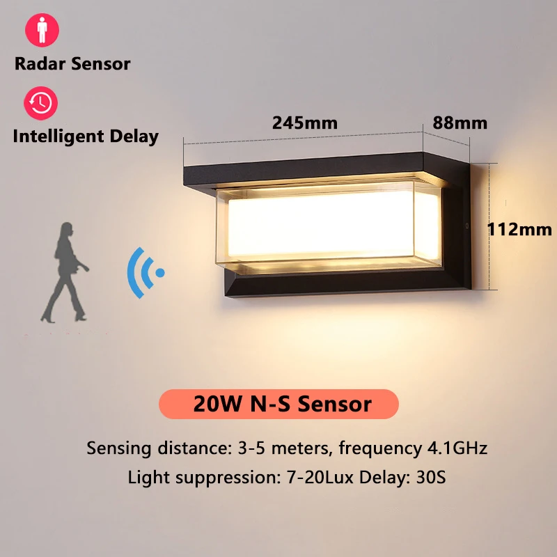 Lámpara LED de pared con Sensor de movimiento, iluminación exterior, impermeable IP65, 20W, AC220V, para porche, jardín