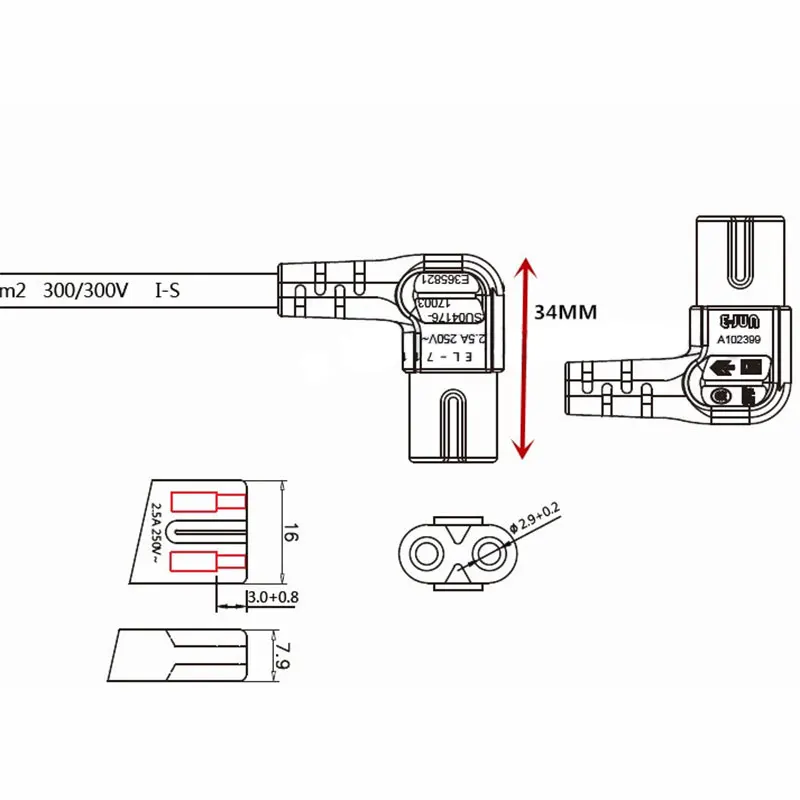 Europea 90 Degree Male Plug To Female Socket Power Extension Cable For PC Computer PDU 0.3m/0.5m EU 2Prong Bend Angled Cord