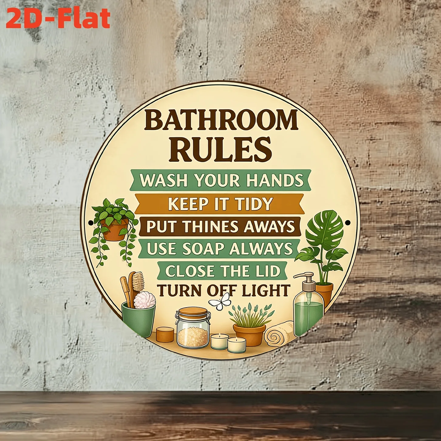 2D Flat, Round Wooden Bathroom Rules Sign with Green Plant & Toiletry Patterns - Artificial Suitable for Bathroom Wall Decor, Mu
