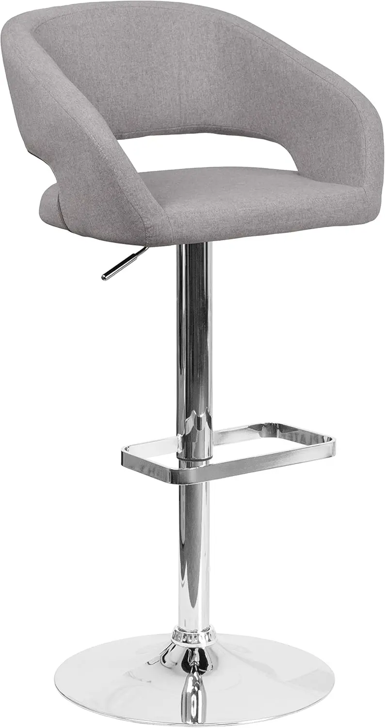 Contemporary Adjustable Height Barstool with Footrest and Rounded Mid-Back, Upholstered Bar or Counter Height Stool