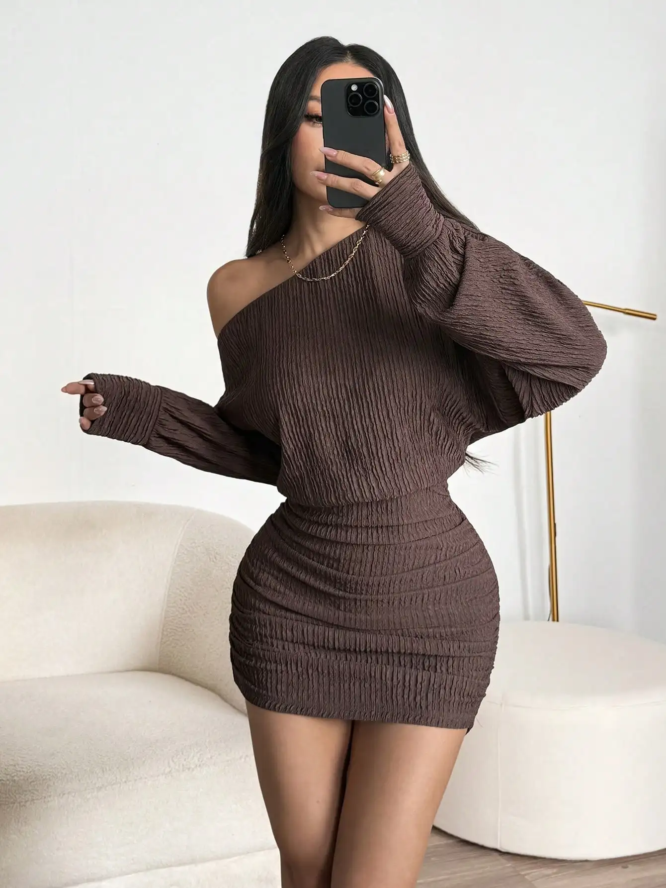

Women's Off-Shoulder Long Sleeve Thermal Knitted Sweater