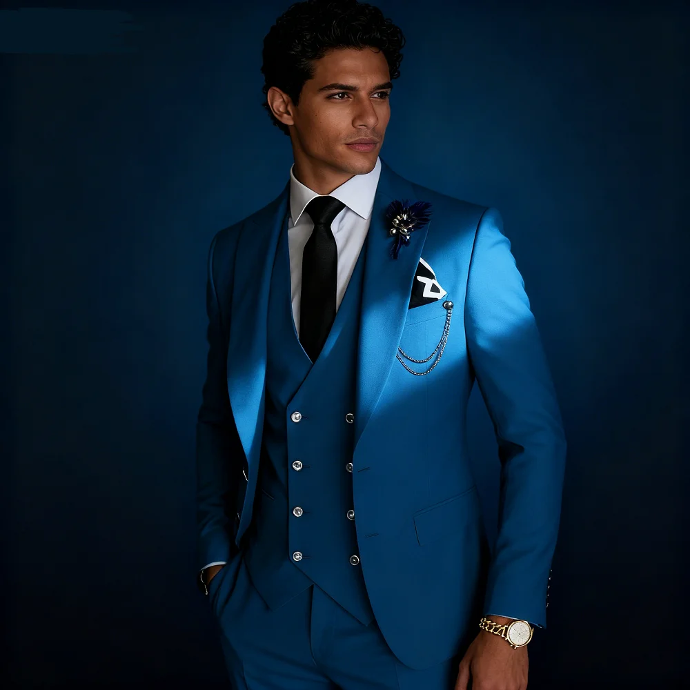 

Men's 3 Piece Slim Fit Wedding Tuxedo Suits Peak Lapel Formal Party Groomsmen Suit Set with Blazer Vest Pants