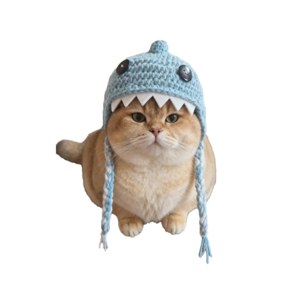 

Cute Braid Design Cat Knitted Hat Funny Soft Cat Shark Headgear Cartoon Warm Pet Cosplay Headwear For Cats Dogs