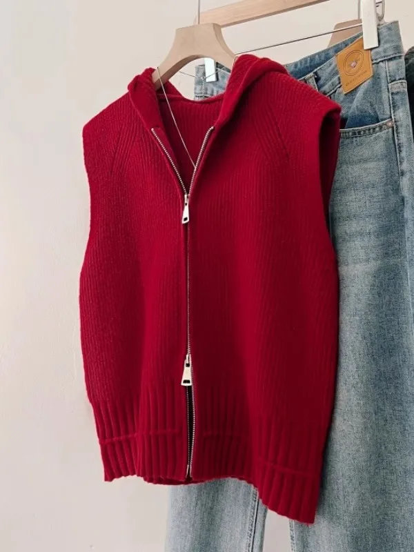 

Винно-красный вязаный жилет с капюшоном, женский большой размер, осень-зима, двойная молния, свободный универсальный топ, повседневный, из полиэфирного волокна