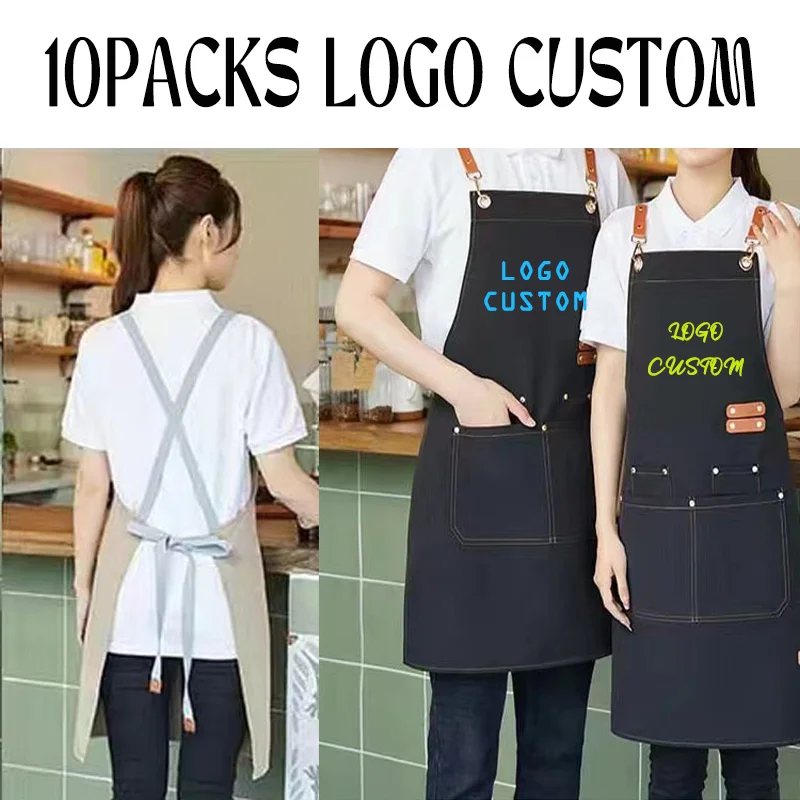 10 قطعة مريلة الطباخ للرجال والنساء شعار شخصي مآزر قماش مع 4 جيوب عبر الظهر مقاومة للماء العمل المئزر للطهي
