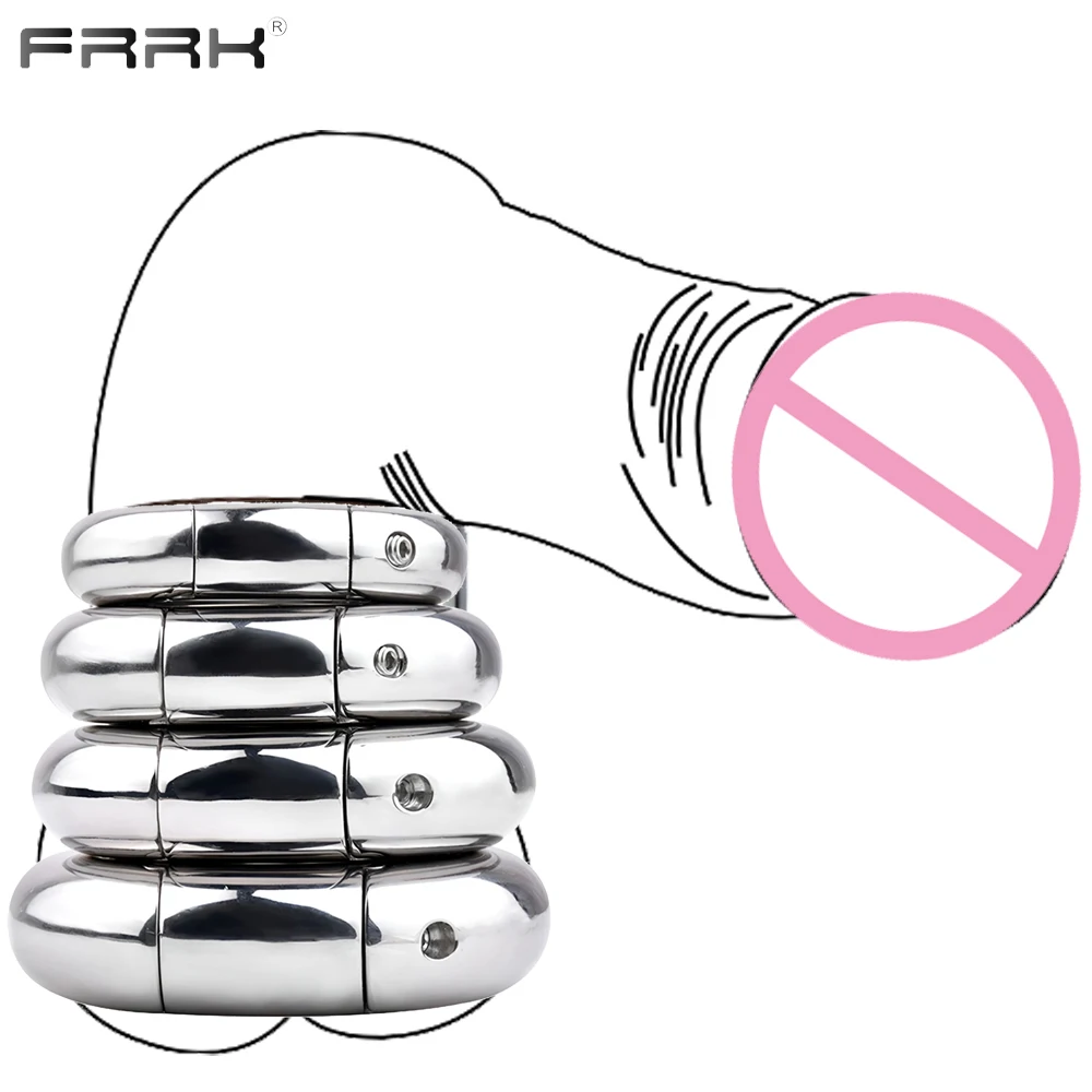 FRRK Stainless Steel Ball Stretcher Lock Testicle Ring Scrotum Squeeze Rings Penis Restraint Weight Training Sex Toys for Men