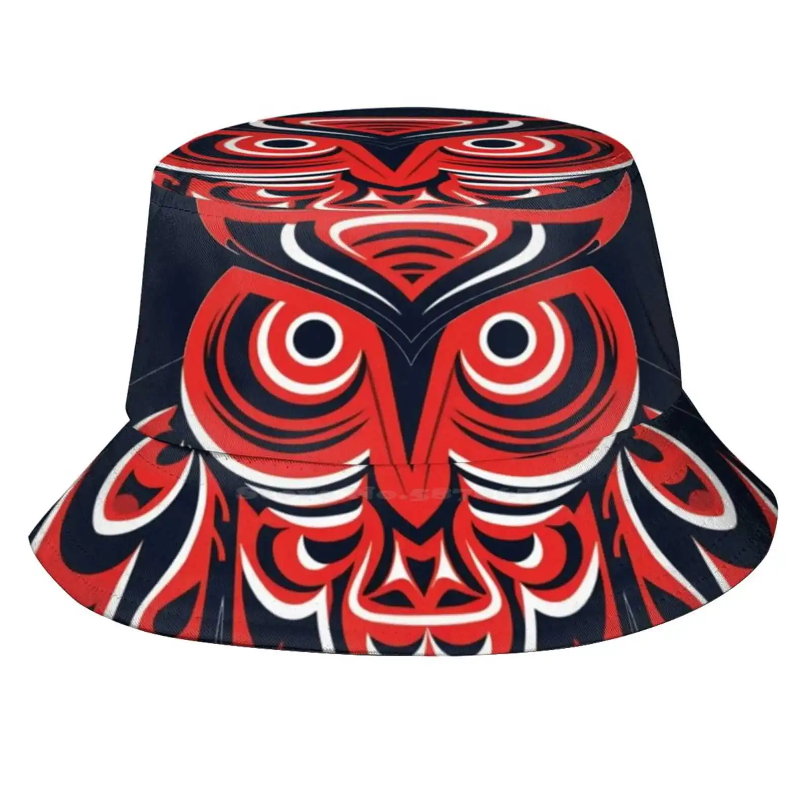 Haida Tlingit Native Totem Owl Sun Cap Fisherman Hat Bucket Hats Red Black White Night Barn Owl Pacific Northwest Native Art