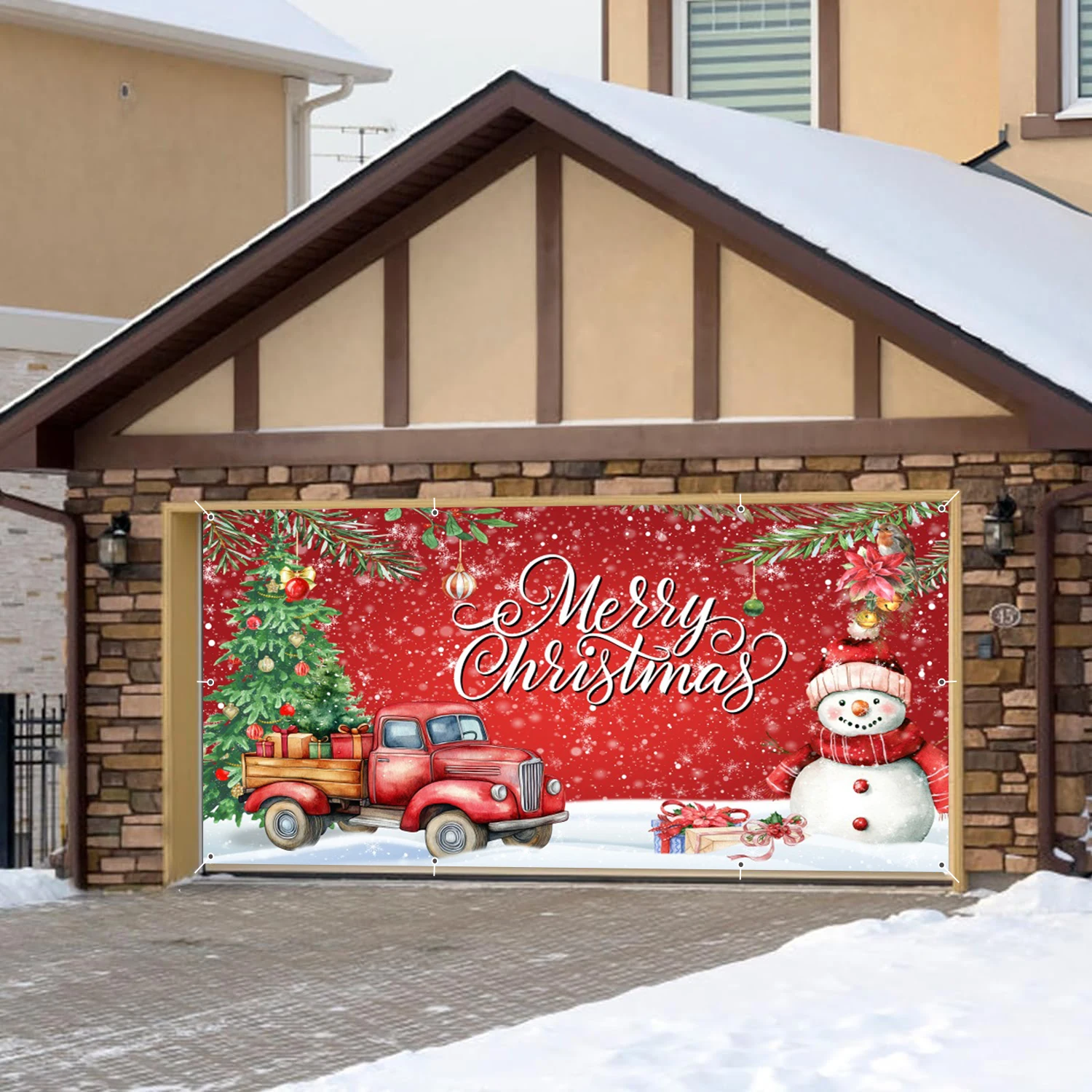 

Merry Christmas Garage Door Banner Xmas Tree Gingle Bells Backdrop Christmas Decor Indoor Outdoor Party Large Hanging Background