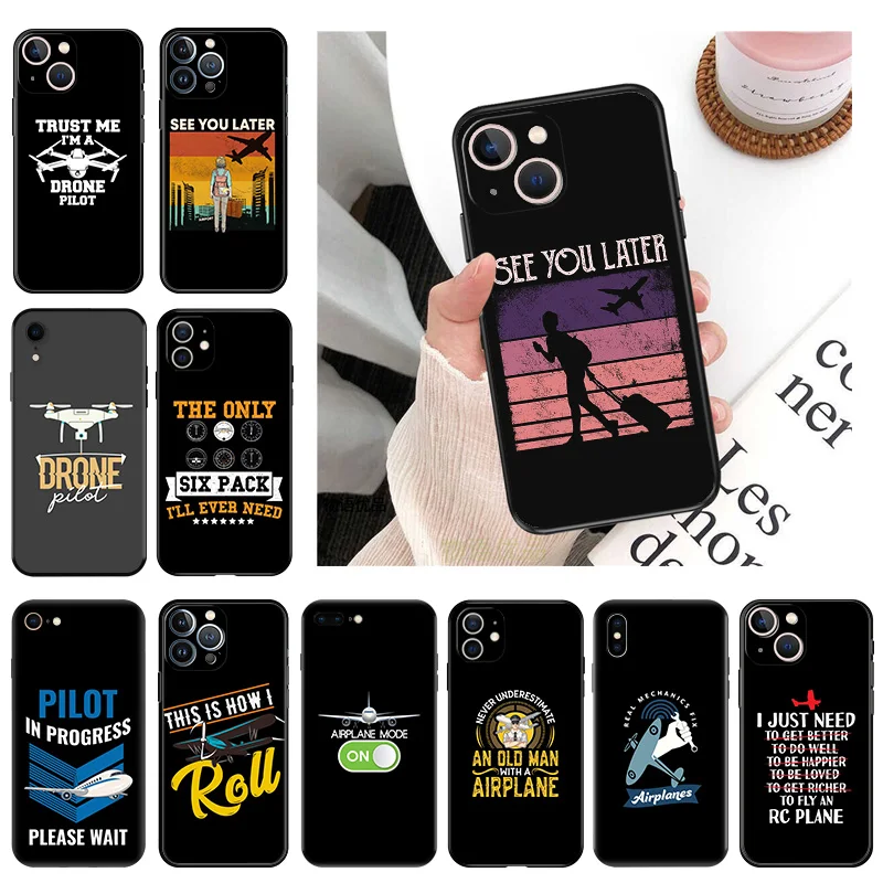 Black Matte Phone Case for iphone 16Pro 15 14 13 12 Mini 11 16 Pro Max 7 8 Plus X XS XR Travel Drone Airplane Pilot Soft Cover