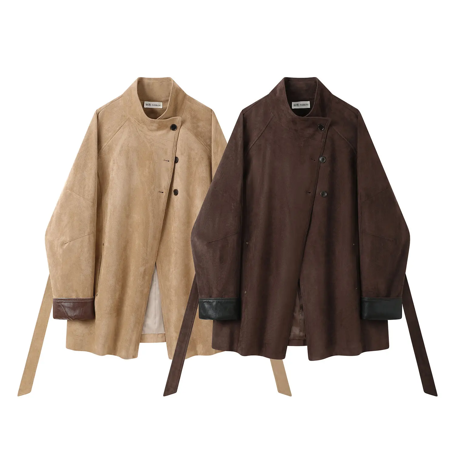 A retro Maillard brown stand-up collar leather jacket for women, a new autumn style American high-end casual long jacket