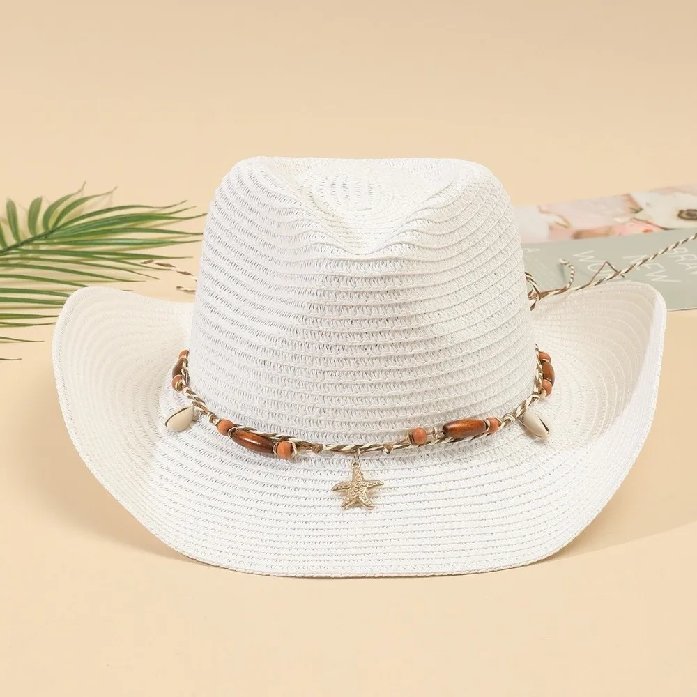 Starfish Pattern Acrylic Fibers Straw Cowboy Hat Conch Shell Windproof Sun Hat Foldable Beaded Band Floppy Hat Outdoor