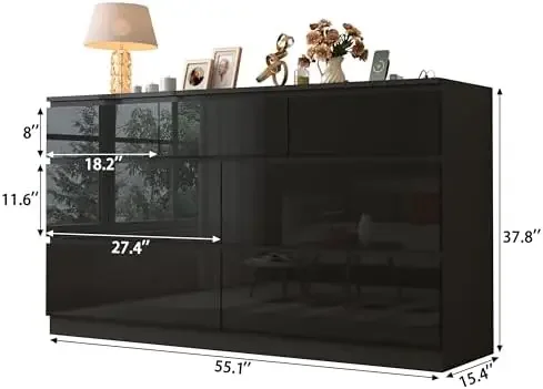 55 INCH 7 Drawers Dresser with Power Outlet, Wide High Gloss Chest of Drawers Large, Modern Storage Drawer Dresser for