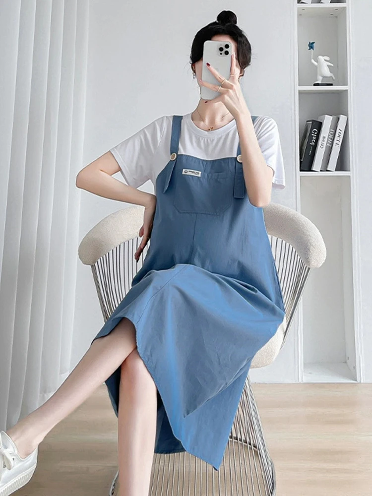 Summer Pregnant Women Clothes Set White Short Sleeve + Slip Dress Pregnancy Solid Color Loose Skirt Female Girls Casual Clothes