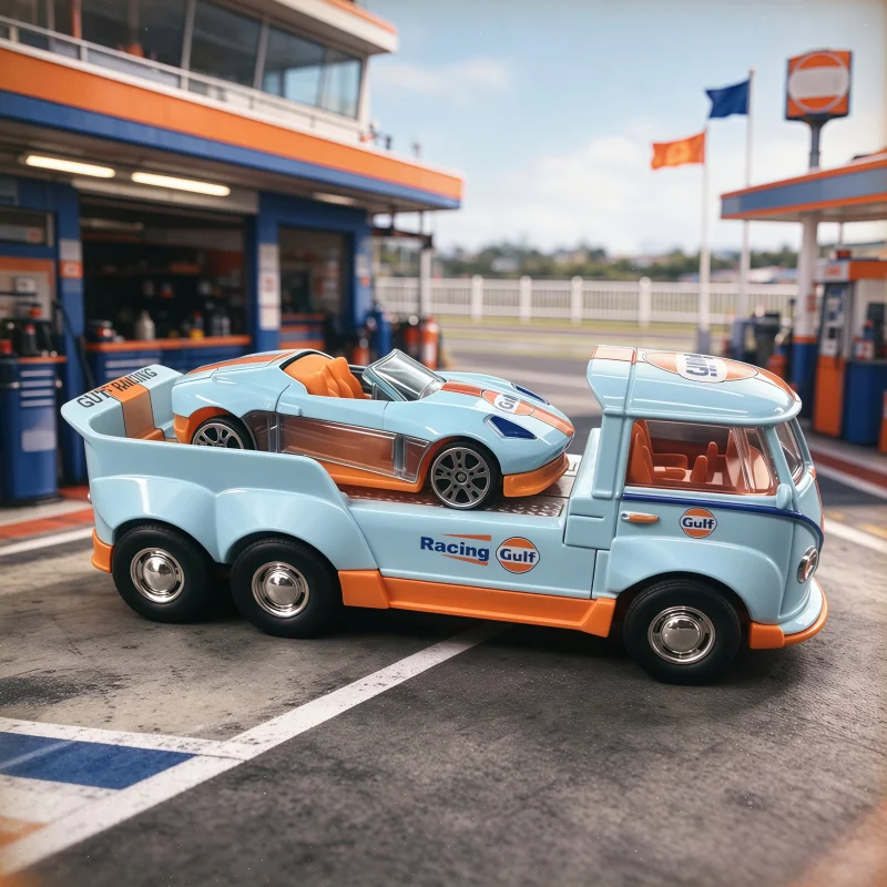 Racing-style alloy car model kit, flatbed transport trailer and sports car die-cast metal vehicles, desktop decorative collectib