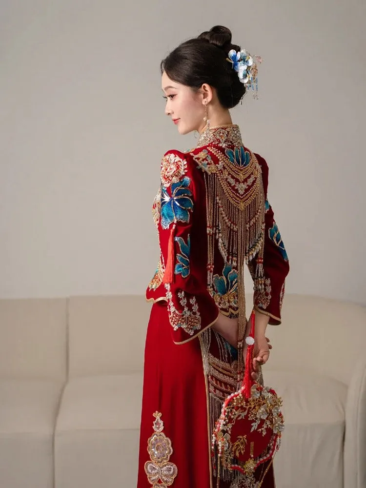 Heavy industry red and blue color-blocking wedding dress bride's Chinese-style