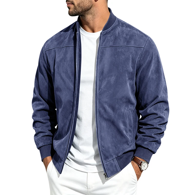 Men's One-Piece Spring and Autumn Suede-Like Flight Jacket, Crew Neck, Full Zipper, Casual Baseball Jacket, Long Sleeve Coat