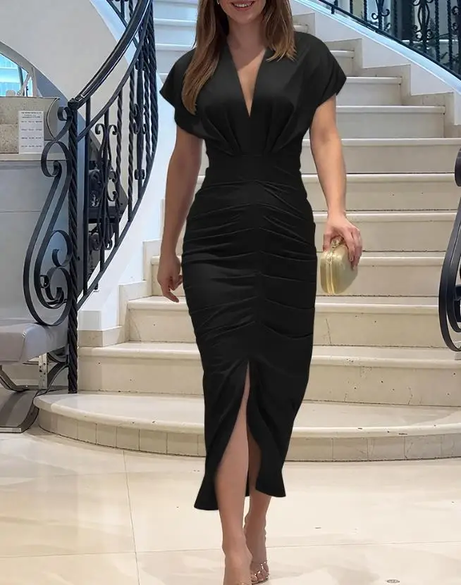 

2025 Womens Dresses 2025 Spring New Solid Color Deep V-Neck Ruched Slit Front Dress Cinched Waist Slim Fit Mid-Length Dress