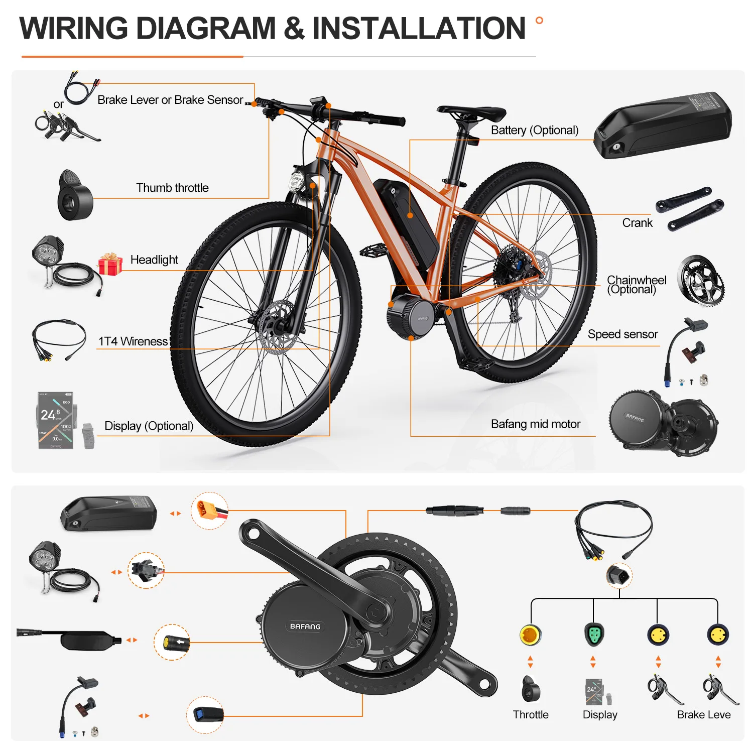 Bafang 250W 350W 500W Motor Kit 36V Mid Drive Electric Bike