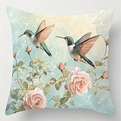 Hummingbirds & Roses Double-sided Printed pillow cover Short plush Suitable living rooms bedrooms sofas throw cushion cover