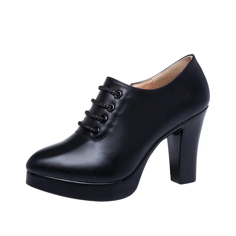 8cm 10cm Small Size 32-43 Deep Mouth Block High Heels Shoes Leather 2024 Fall Thick Bottom Platform Pumps with Fur Office Model