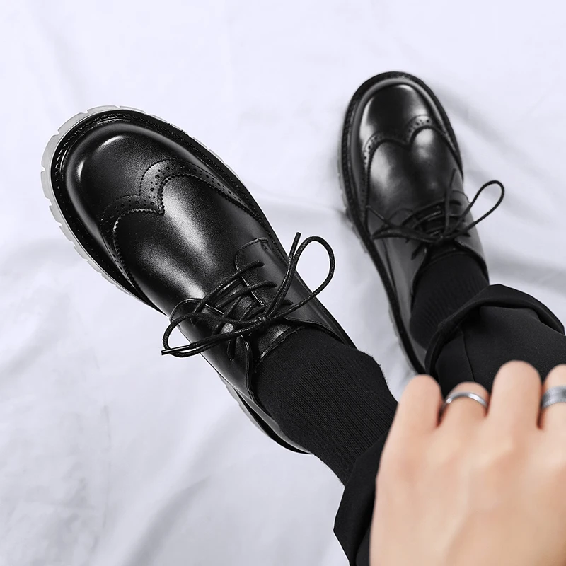 Hight Quality 2024 Spring New British Style Solid Black Leahter Shoes For Men Hombre Daily Casual Banquet Dress Heightening Eff