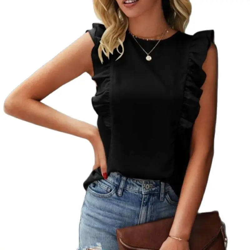 2024 Summer Solid Color Ruffles Patchwork Female Shirts Sleeveless O-neck Flying Sleeve Women Blouse Office Lady Elegant Clothes