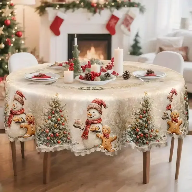 Popular Christmas Table Cloth Waterproof Stain Resistant Festive Atmosphere Decoration Dining Table Cloth Round Multi-purpose