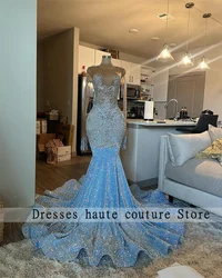 Blue Sequined Mermaid Prom Dresses 2025 For Black Girls Long Sleeve Crystal Birthday Dress Diamonds Evening Gowns Customized