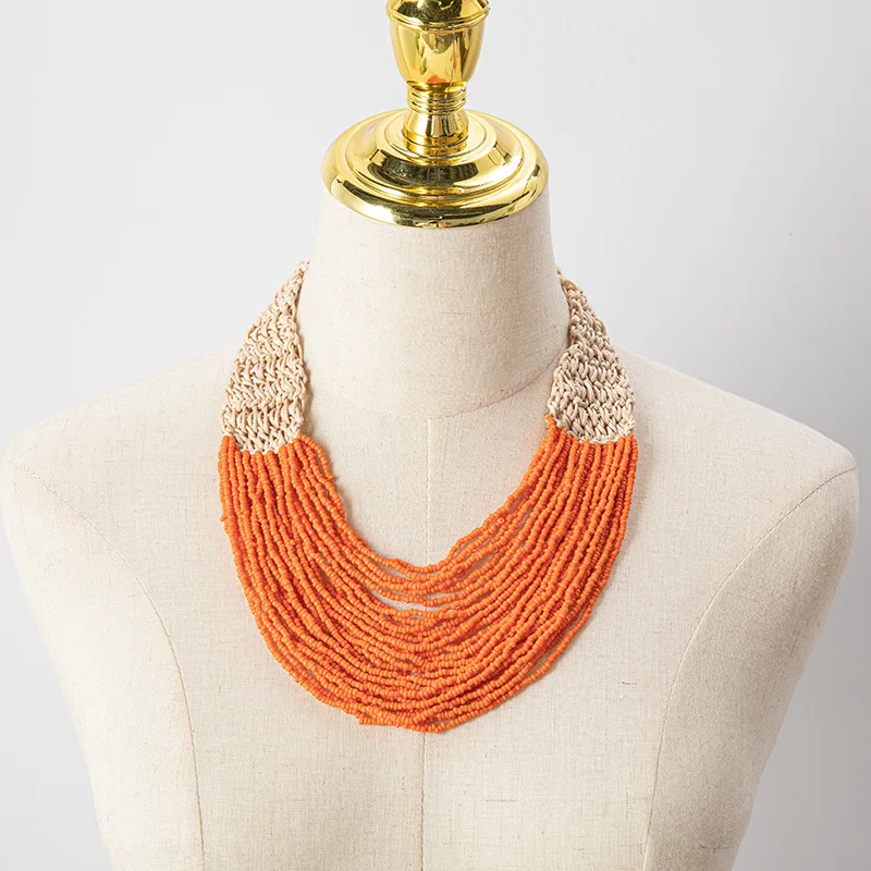 Beaded necklace Colour Originality Multilayer Hand knitting Bohemia Adjustable Tide Simple Retro Rice bead necklace