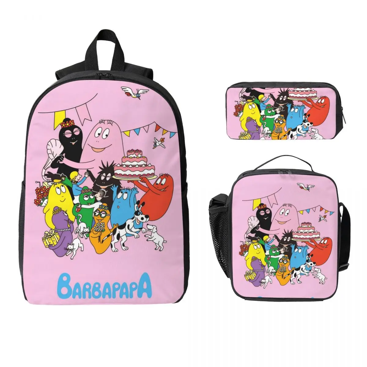3Pcs Kawaii Barbapapa  Backpack Set for Children Pencil Boxes Bookbag Sets with Lunch Box For Primary School Students Daypack