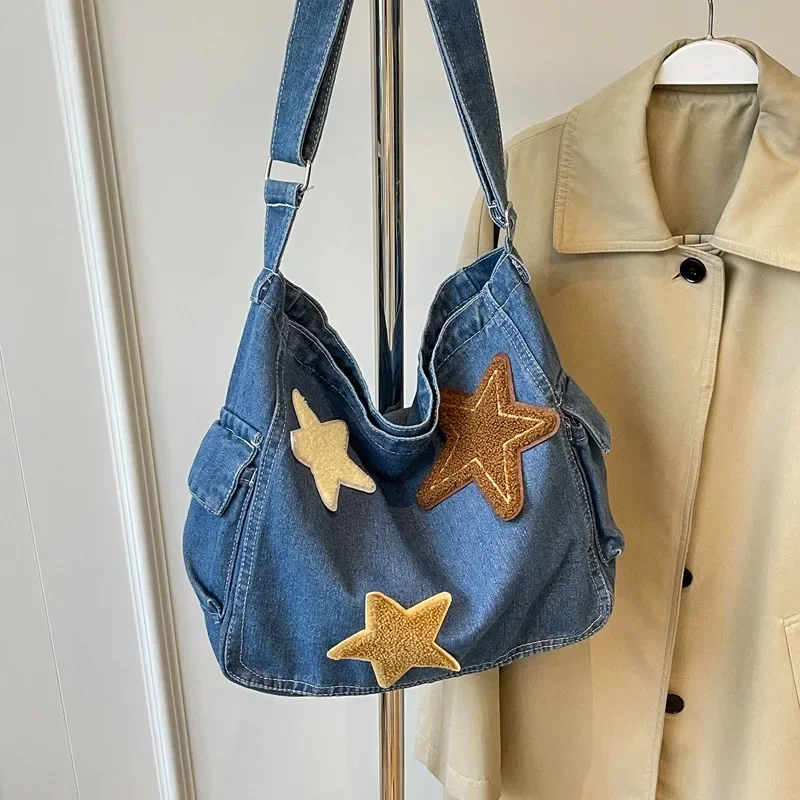 Denim Messenger Bag Female Star Pendant Washed Premium Large-capacity Shoulder Bag Lazy Wind Student Commuter Women\'s Bag