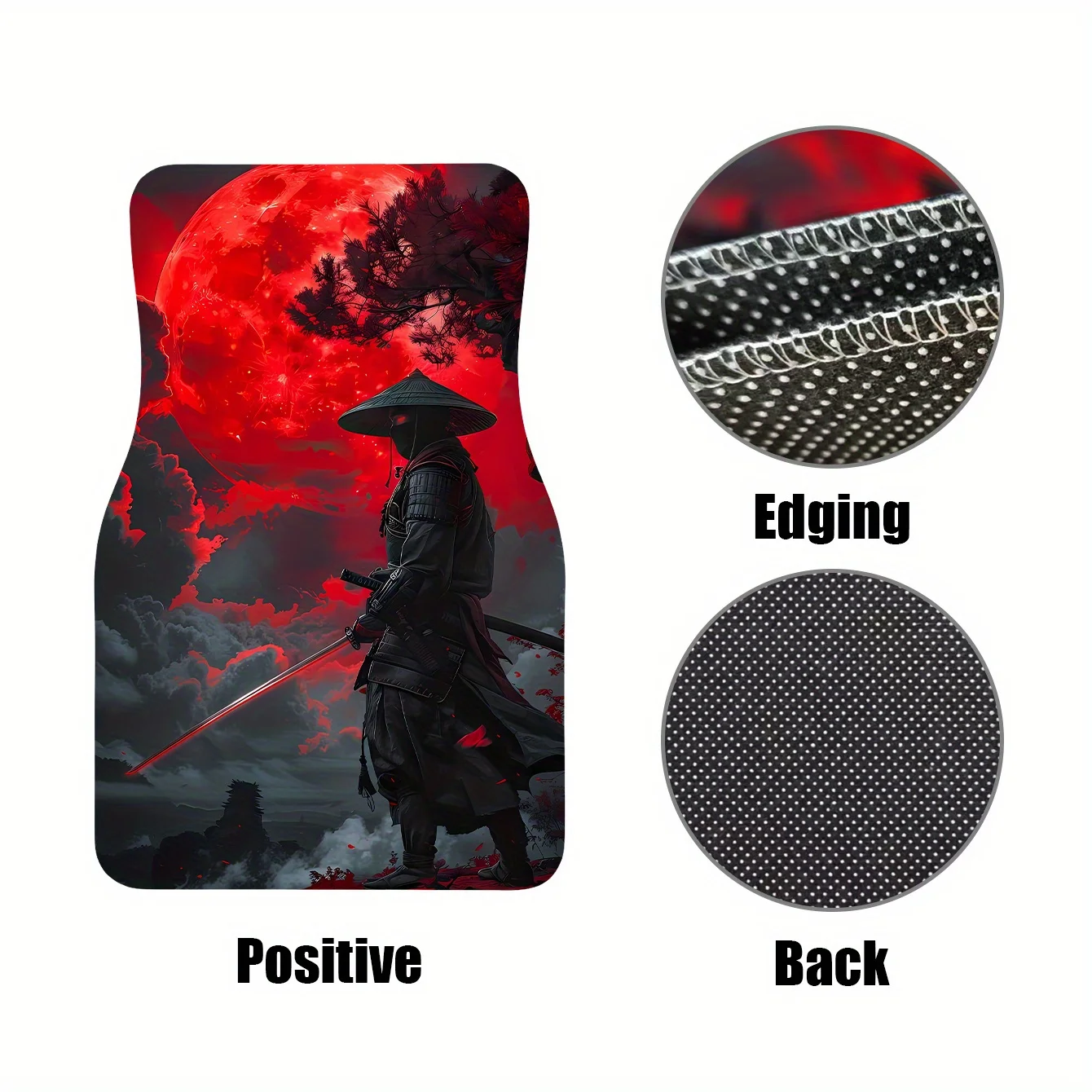 A Set Of 4 Stylish Car Floor Mats Featuring Ancient Characters With Swords And Hats, Designed For Easy Cleaning. These Mats Are