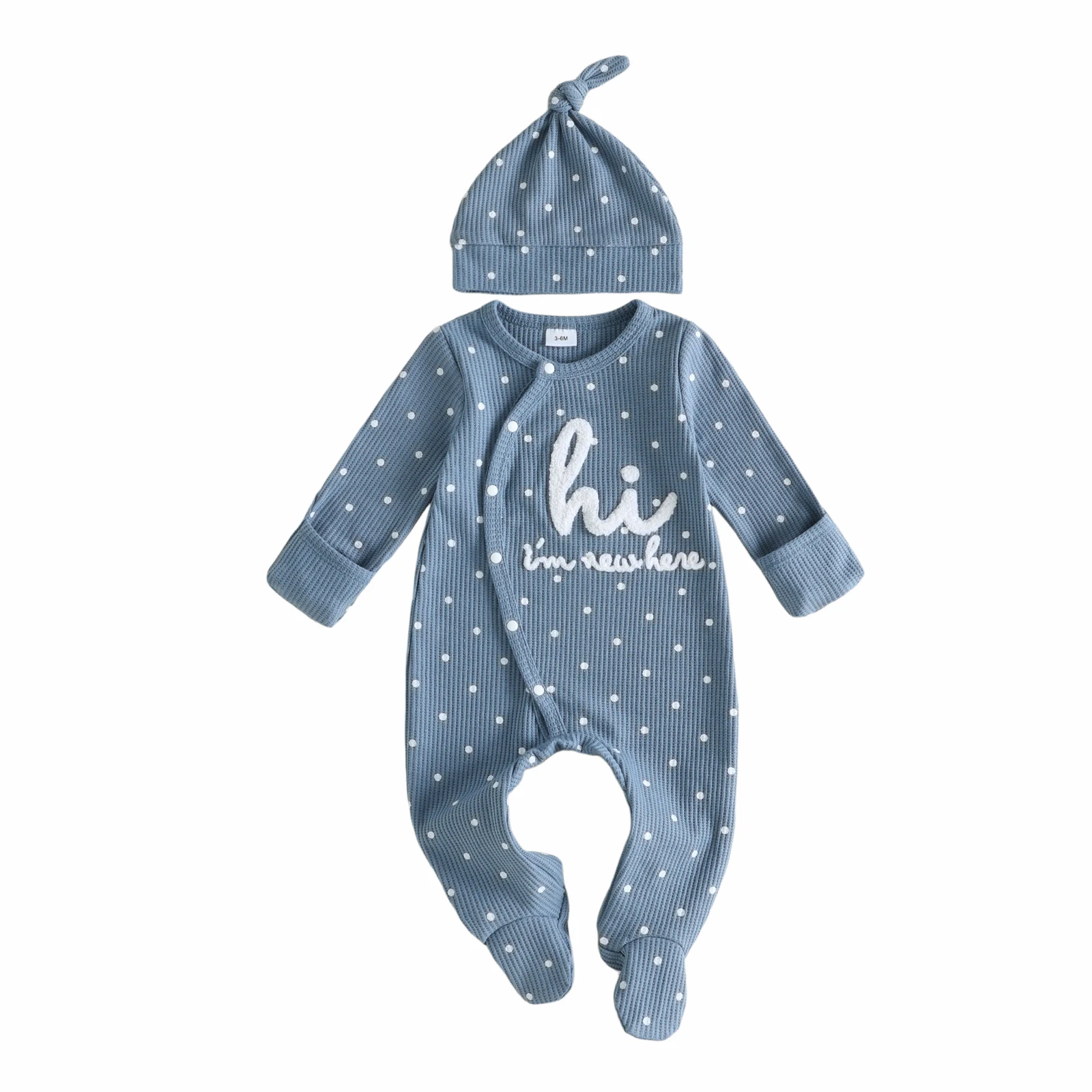Baby Boys Waffle Bodysuit Long Sleeve Letter Dot Print Footed Romper Hat