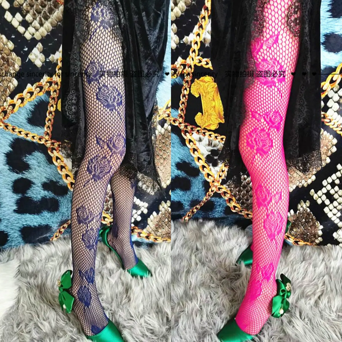 ANGEL Original Design 4 Colors Available Y2K Peony Pattern Cool Stylish Textured Hollow‑Out Fishnet Pantyhose for Women
