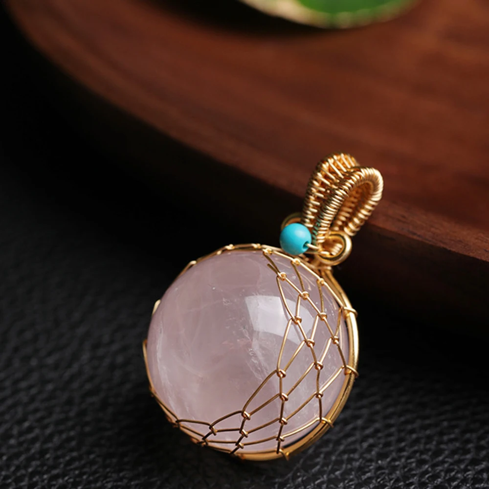 Natural Rose Quartz Crystal Ball Lucky Pendant Net Shape Golden Wire Wrapped Energy Gemstone Reiki Healing Spiritual Jewelry