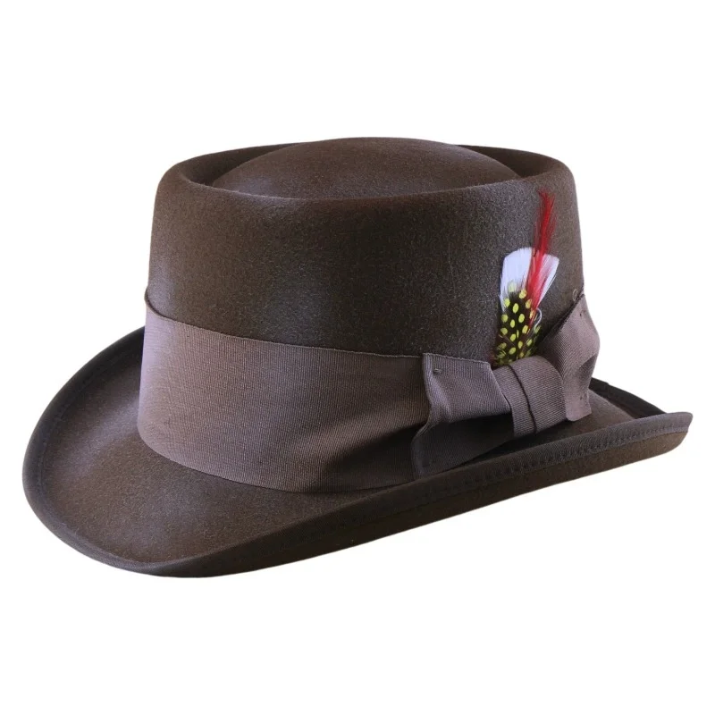 Fall/Winter Feathered Top Hat with Woven Ribbon, Faux Wool Rolled Brim, Tall Hat, Warm Outdoor Shopping Jazz Cap, Retro Felt Hat