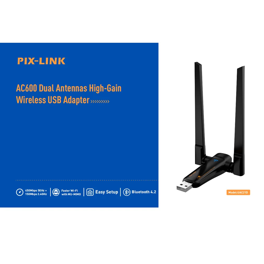 

PIXLINK 600Mbps Dual Band Antennas High-Gain Wireless USB Adapter Wi Fi Dongle Bluetooth Wireless USB Wifi Adapter 5 GHz+2.4 GHz