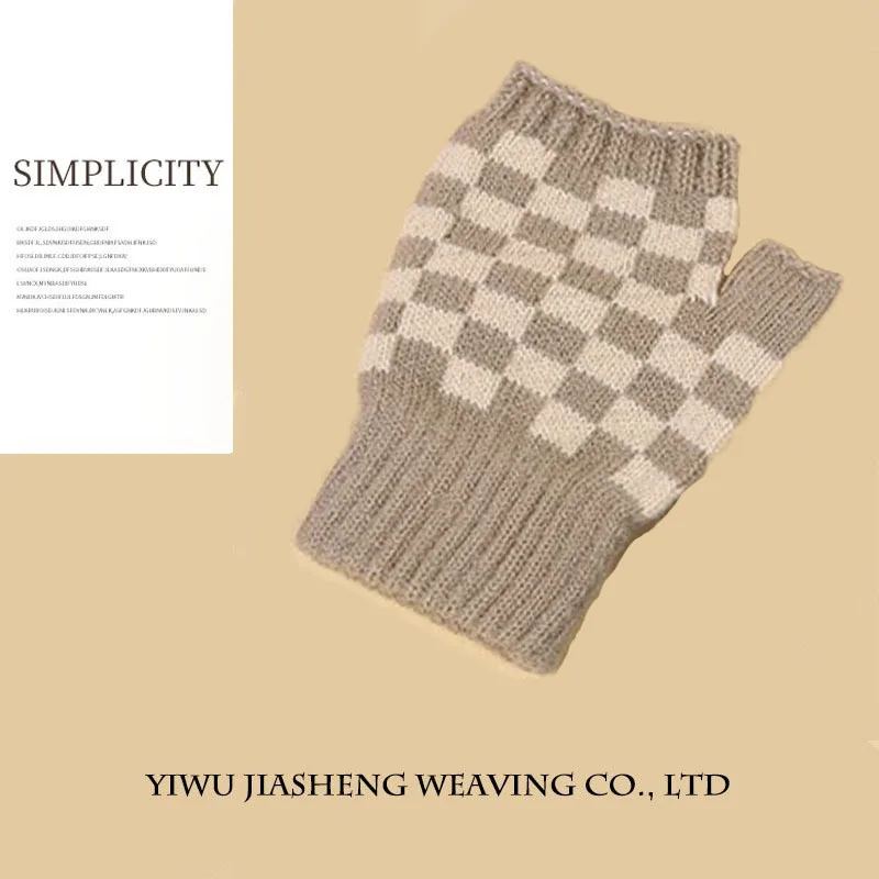 ハーフフィンガーグローブ レディース 韓国語バージョン 市松模様の対照的な色 暖かく耐寒性のライティングニット手袋