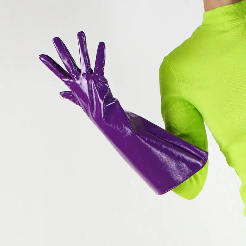 15 Zoll (38 cm) lange modische Handschuhe aus Kunstleder, PU, hellviolett, Lavendel, Flieder, Puffärmel, weit, locker, große Größe, Nachtclub, sexy – Detail 28