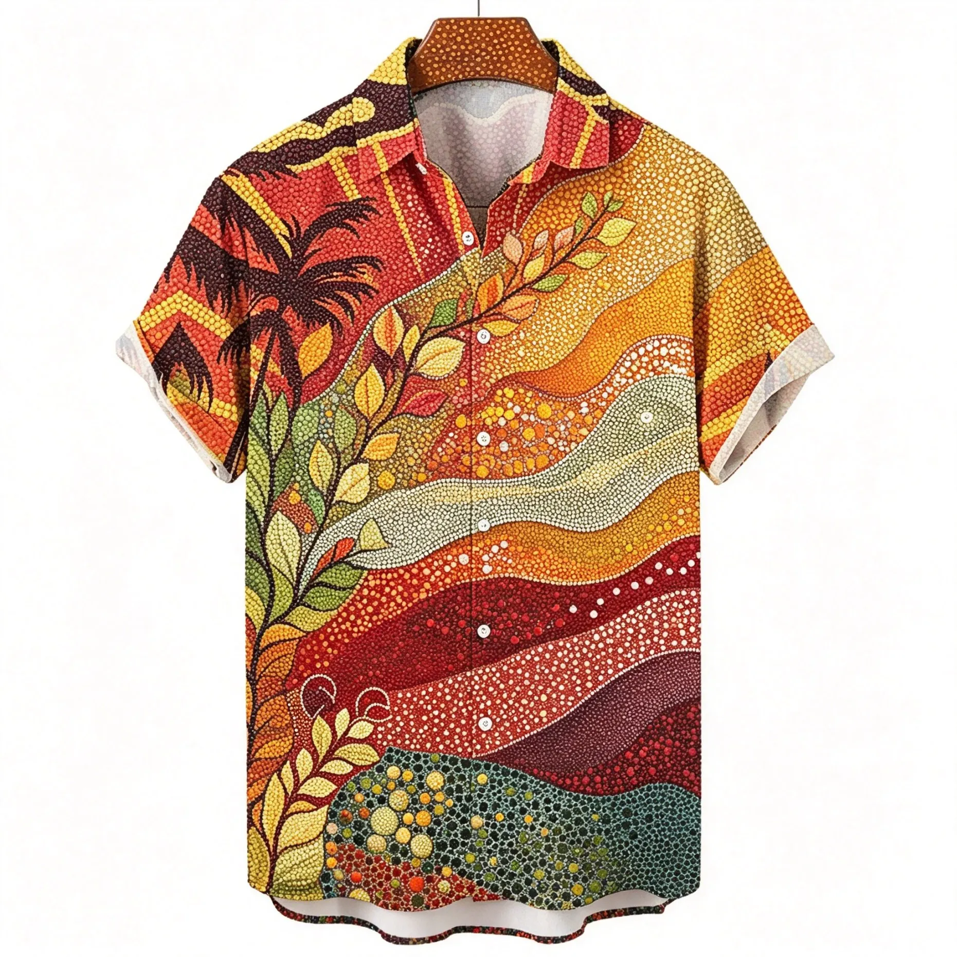 

Men's Elegant Lotus Scenery Print Short Sleeve Shirt Summer Fashion Leisure Wear For Travel And Gathering